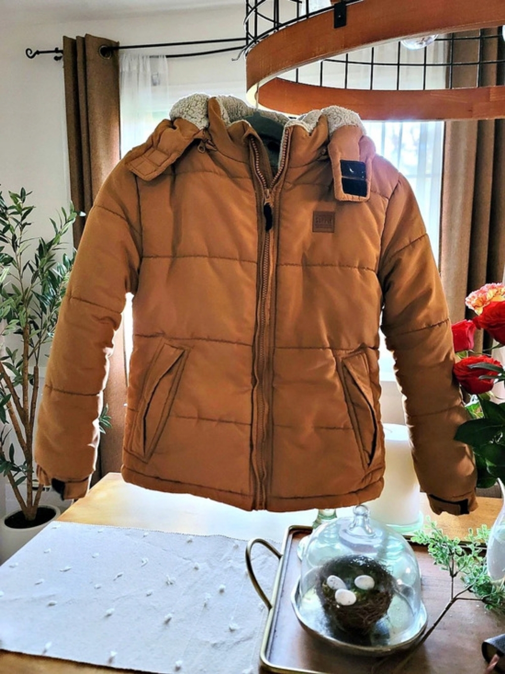 London Fog Sherpa-Lined Hooded Puffer in Brown Size Medium Like New
